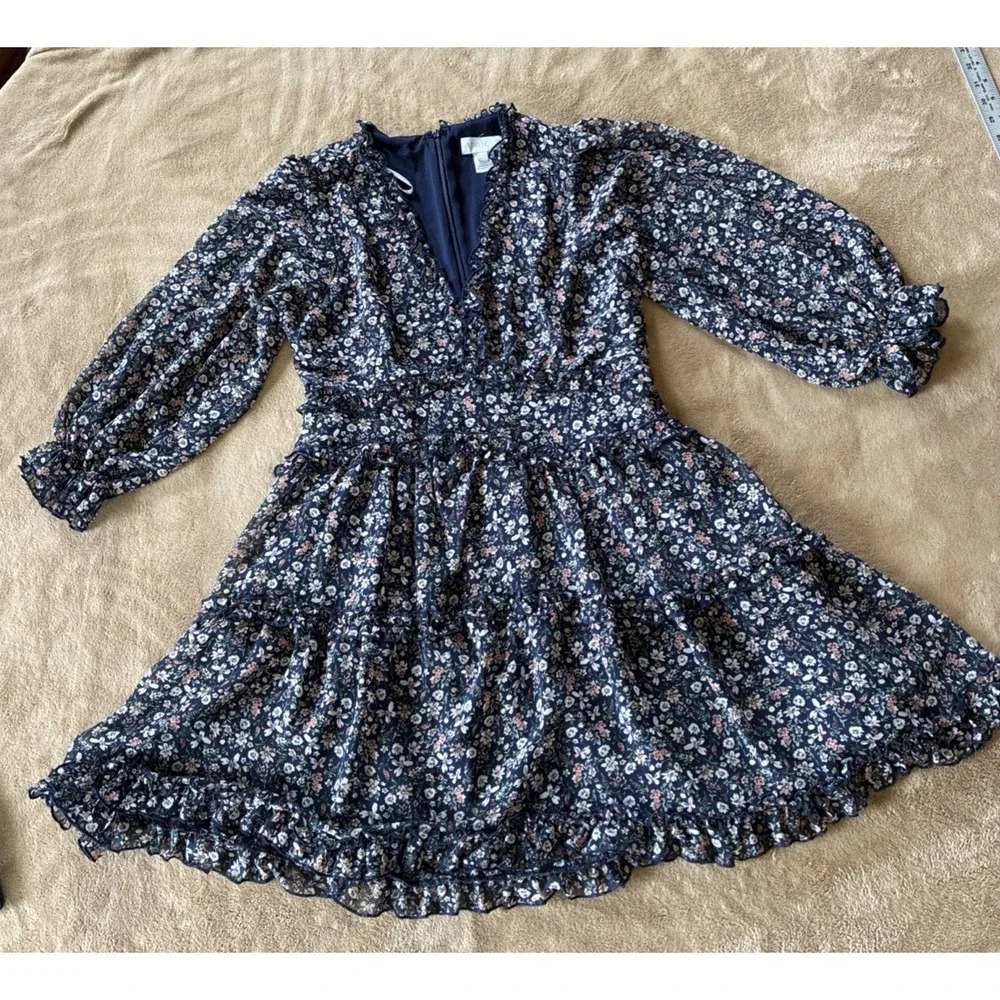 Women's Dress Size 8 Navy Floral Print Tiered Ruffles Cottagecore Romantic‎ Boho